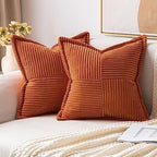 MIULEE Rust Fall Decorative Euro Sham Throw Pillow Covers for Couch Bed Livingroom 26x26 Inch Set of 2 Boho Accent Throw Pllows Broadside Striped Patchwork Soft Corduroy Pillowcases