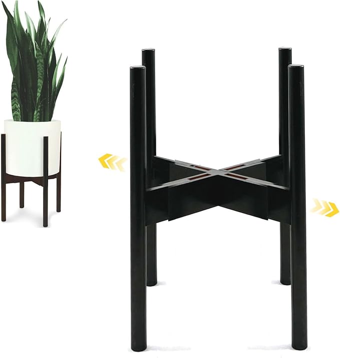 Fox & Fern Adjustable Plant Stand Indoor — 8 to 12 Inch Premium Mid Century Bamboo Plant Stand with Adjustable Width; Plug In Design; Easy to Assemble; Two Heights - For 8, 9, 10, 11 & 12 Inch Pots