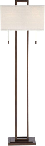 Possini Euro Design Modern Standing Floor Lamp 62" Tall Bronze Brown Openwork Frame 2-Light Oatmeal Linen Fabric Rectangular Shade Decor for Living Room Reading House Bedroom Home Office House