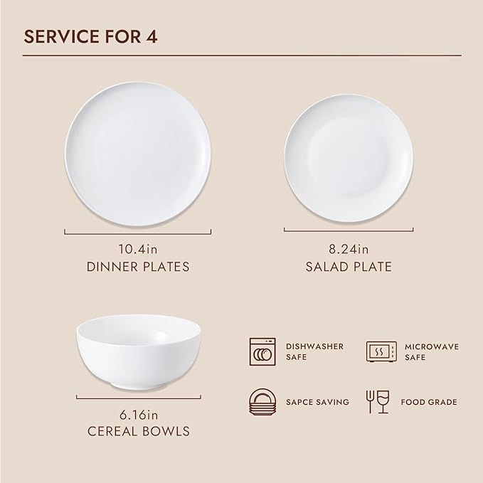 KINGSTONE Bone China Dinnerware Sets, 12-Piece Dinnerware Set for 4, Lightweight Durable, Dishwasher Safe, Tableware for Daily Use with Elegant Design, White