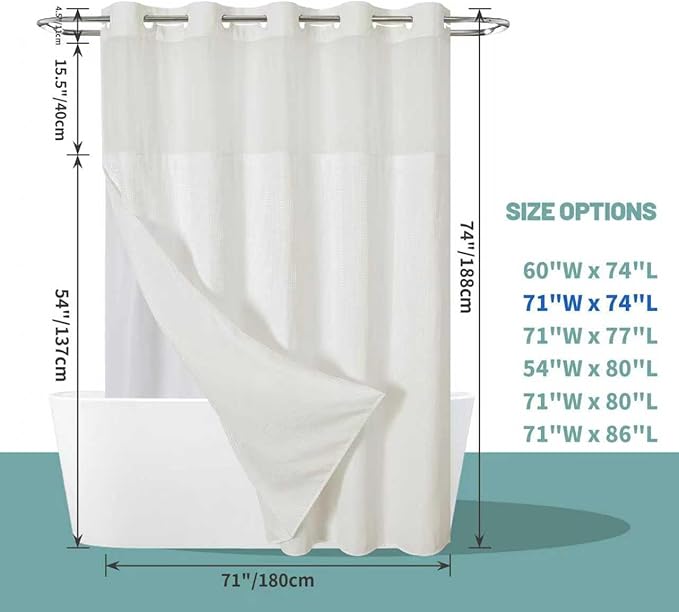 Cream No Hook Waffle Weave Shower Curtain with snap-in Liner Replacement, 230GSM Waterproof Fabric Hotel Shower Curtain Set for Bathroom, Through Mesh Top Window,71Wx74H