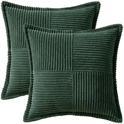 MIULEE Christmas Decorative Euro Sham Throw Pillow Covers for Couch Bed Livingroom 26x26 Inch Set of 2 Dark Green Boho Accent Throw Pllows Broadside Striped Patchwork Soft Corduroy Pillowcases