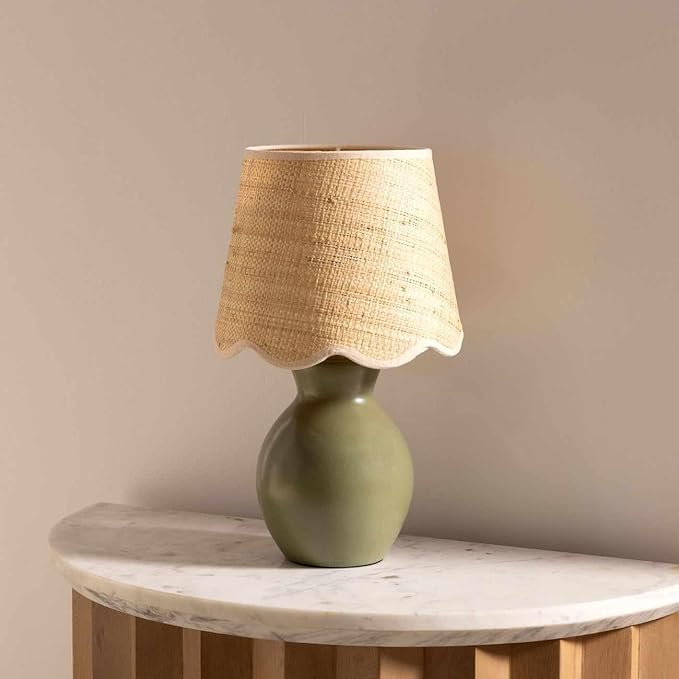 BoutiqueRugs Liliac Boho Ceramic and Jute Bedside Table Lamp for Bedroom Nightstand - End Side Lighting for Living Room - Shade Rattan - Green, Olive, Beige - 15" H