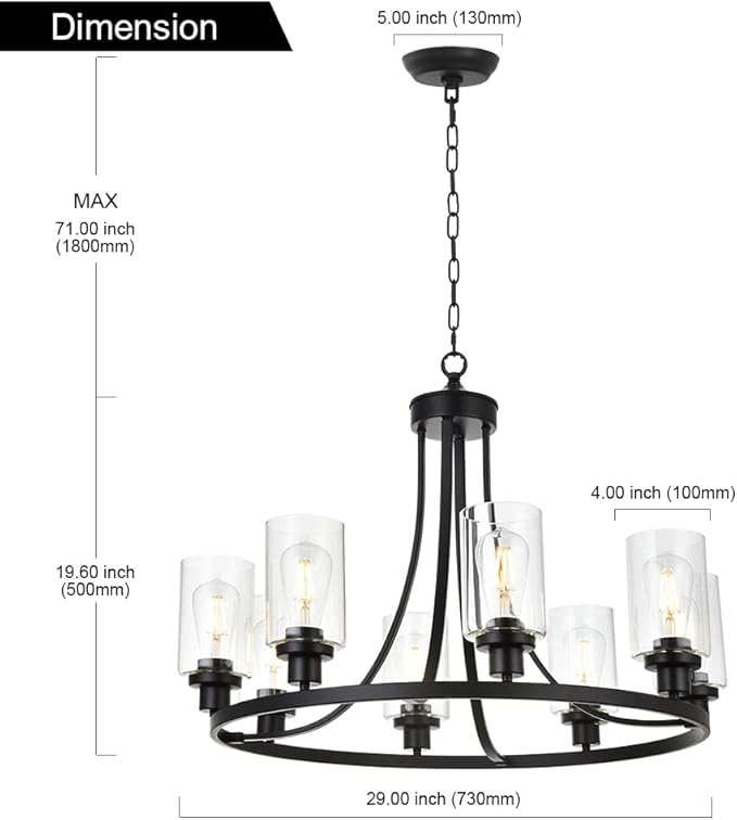 MELUCEE Black Chandelier 8 Lights, Kitchen Island Lighting Industrial Chandelier with Clear Glass Shade, Farmhouse Pendant Light for Dining Room Living Room Bedroom