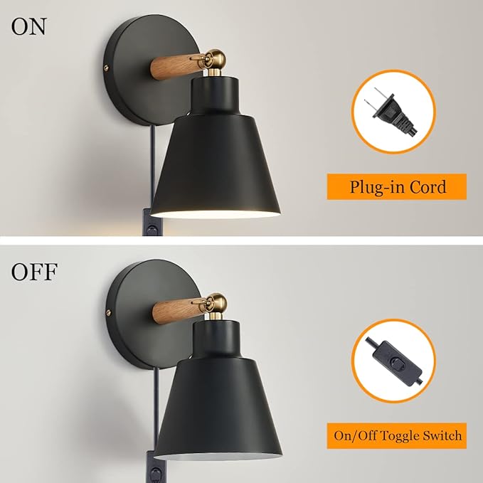 Plug in Wall Sconces Lighting Fixture Set of 2,Bedside Wall Light for Industrial Bedroom, Wall Mounted Lamp for Bathroom Hallway Living Room (2Pack Black with 1.8M Plug in Cord)