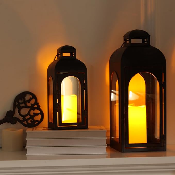 NEEDOMO Lanterns Decorative Indoor,Set of 2 Outdoor Lanterns for Porch, 20" Metal Frame Candle Holders Hanging Lights,with Glass, Spring, Fall, Christmas