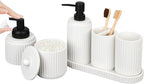 White Bathroom Accessory Set - 6 Pcs: Toothbrush Holder, Lotion & Foaming Soap Dispensers, Qtip Holder, Vanity Tray, Bathroom Tumbler, Countertop Organizer
