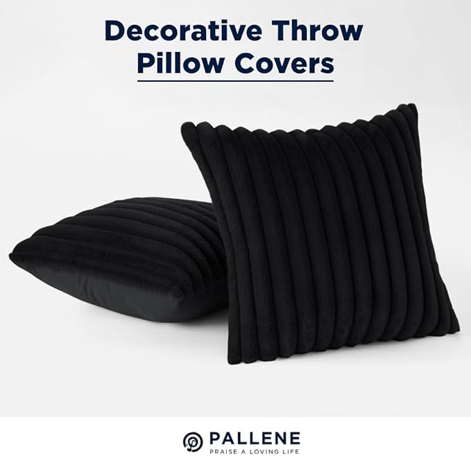 Pallene Faux Fur Plush Throw Pillow Covers 16x16 Set of 2, Luxury Soft Fluffy Striped Decorative Pillow Covers for Sofa, Couch, Living Room, Black