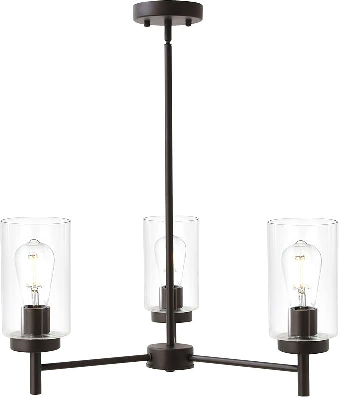 VINLUZ Contemporary 3-Light Chandeliers Rustic Clear Glass Shades Pendant Lighting Oil Rubber Bronze Dining Room Lighting Fixtures Hanging Adjustable Wire Semi Flush Ceiling Lights