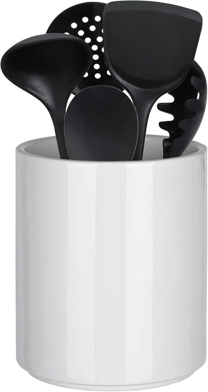 Utensil Holder Kitchen Utensil Holder for Countertop, Ceramic Cooking Utensil Holder for Kitchen Counter, Large Modern Spatula Holder Utensil Organizer Kitchen Decor, 6.5”H x 5.5”D White