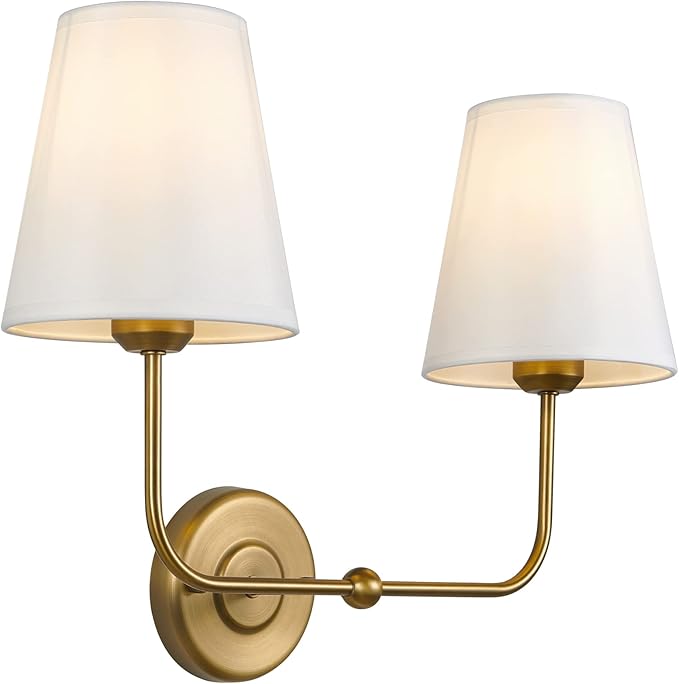 TERLEENART Double Light Wall Sconce with White Fabric Tapered Shades, 2-Light Antique Brass Sconce for Bathroom Vanity Hallway Stairway Living Room