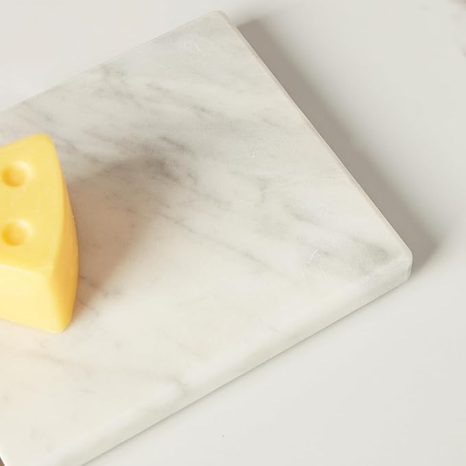 White Marble Cheese Board with Stainless Steel Slicer - Unique Grey Veining and Grooved Design White Marble Cheese Board, Cheese Cutting Serveware For Kitchen, 9.75" W x 8.5" D x 0.75" H