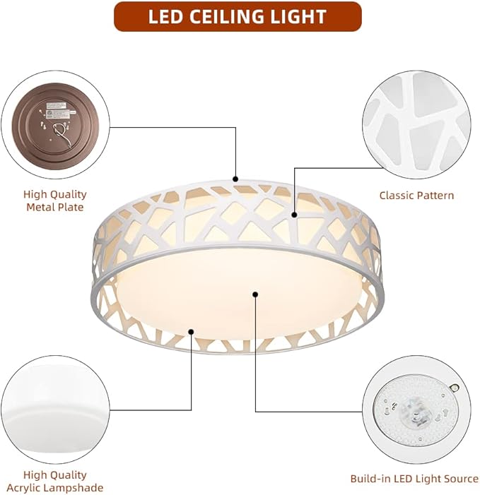 Flush Mount Ceiling Light Fixture, 12 inch 15W 1100 Lumens LED Ceiling Lights, Dimmable 3000K Warm White Light Fixtures Ceiling Mount for Bedroom, Kitchen, Hallway, Stairways