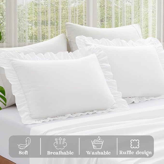 KKJIAF Ruffle Pillow Cases Standard Size Set of 2, Ruffled Pillow Covers with Envelope Closure, Wrinkle Resistant Pillowcases 20" x 26", Ruffled Pillow Shams, White