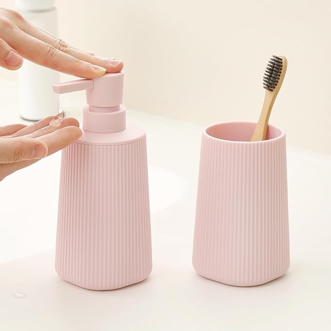 Bathroom Accessories 2 Piece Soap Dispenser and Toothbrush Holder Set Striped Light Pink