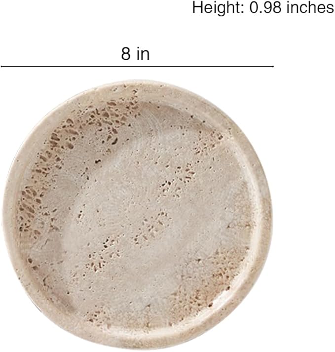 Travertine Tray, Small Ceramic Vanity Tray for Bathroom Counter Decor, Round Marble Decorative Trays for Coffee Table (Beige, Medium Size)