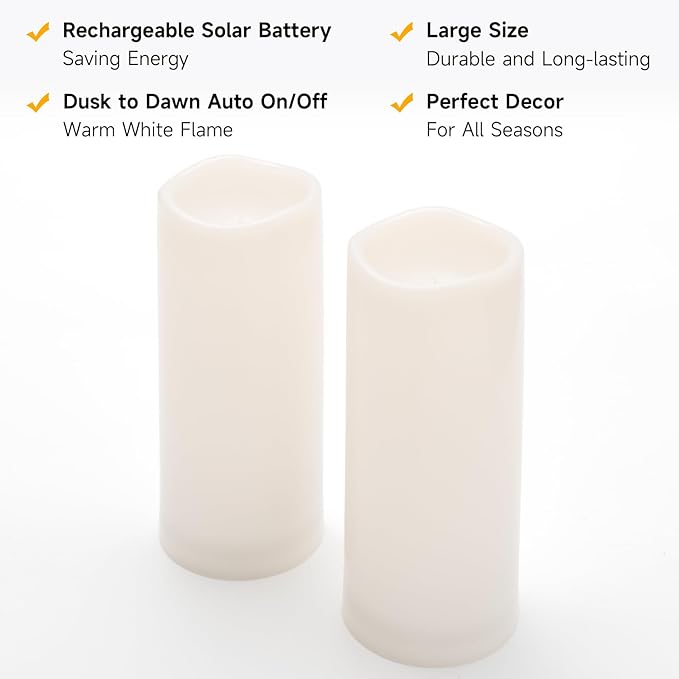 NURADA Large Outdoor Solar Candles Waterproof - 10" x 4" Rechargeable Solar Powered Flameless LED Pillar Flickering Candle for Patio Porch Lanterns Decor - Ivory White Set of 2