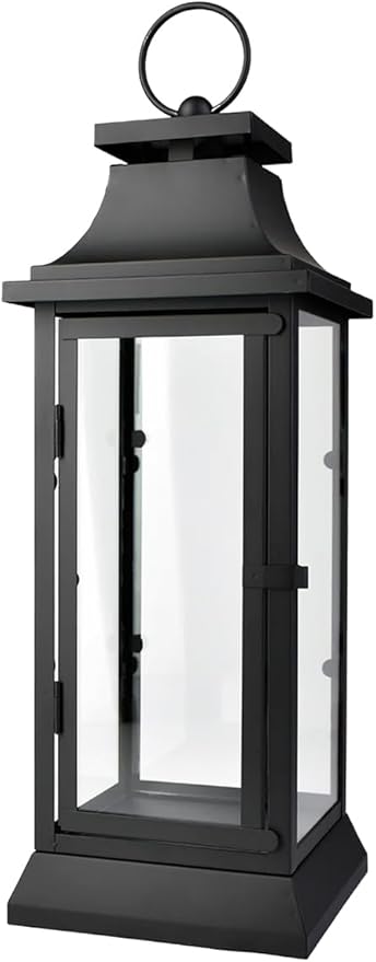 Serene Spaces Living Black Metal Hurricane Lantern with Clear Glass Panels – Hanging or Tabletop Decorative Lantern for Indoor & Outdoor – Weddings, Parties, Home Decor, 20" Tall & 7.75" Square