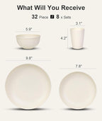 Quatish 32 Piece Plates and Bowls Sets for 8, Unbreakable Dinnerware Sets, Plastic Dish Set for Camping, Dishwasher Microwave Safe, Outdoor Kitchen and Apartment Dinning RV Essentials, Beige