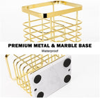 HarJue Toothbrush Holder, Luxurious Metal Toothbrush Toothpaste Holder with Marble Base for Bathroom, Multi-Slots Openwork Design, Bathroom Accessory for Storage and Organizer (Small, Gold)
