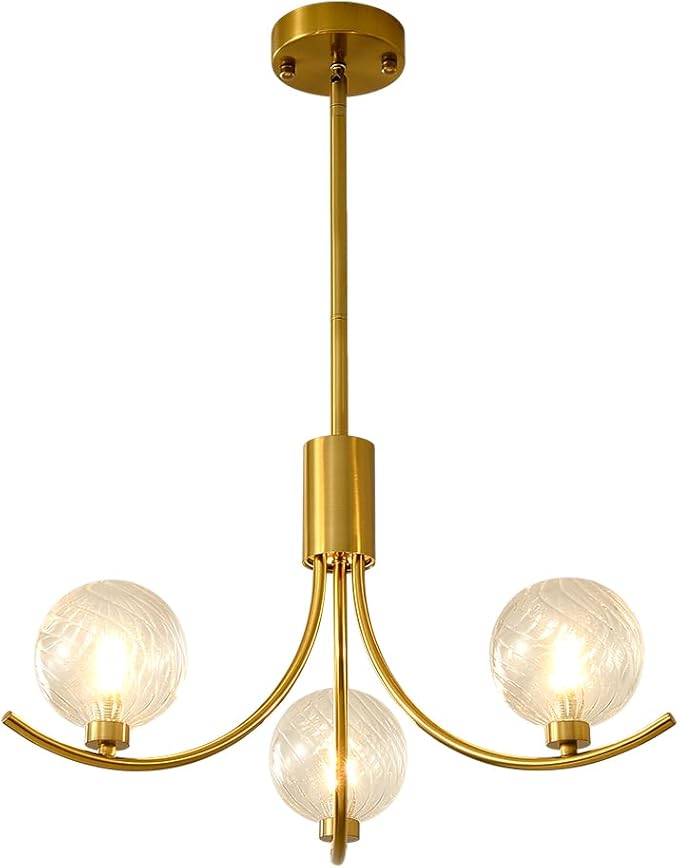 Gold Modern Chandelier with 3 Glass Globe Bulbs - Adjustable Height & Colour Temperature, Gilded lamp Post, Elegant Lighting for Living Room, Bedroom or Study