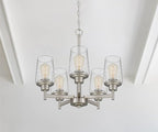 Jacob Modern 5-Light Chandelier Pendant Ceiling Light Brushed Nickle Seeded Glass Shade Adjustable Height for Hallway, Entryway, Passway, Dining, Bedroom, Kitchen