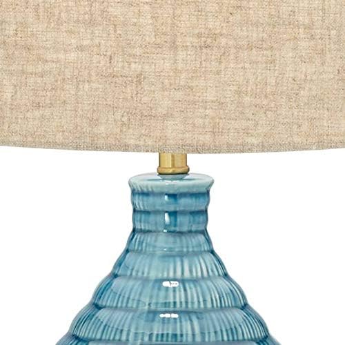 360 Lighting Kayley Mid Century Modern Coastal Table Lamp Textured Ceramic 24" High Sky Blue Glaze Linen Fabric Tapered Drum Shade for Living Room Bedroom House Bedside Nightstand Home