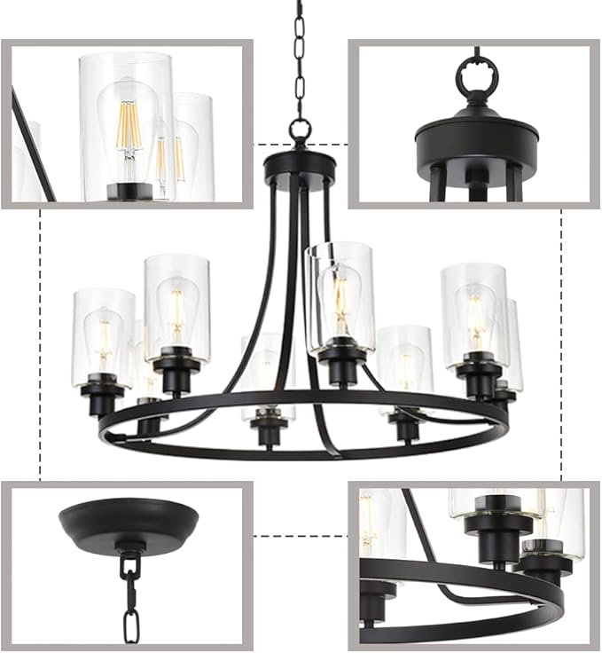 MELUCEE Black Chandelier 8 Lights, Kitchen Island Lighting Industrial Chandelier with Clear Glass Shade, Farmhouse Pendant Light for Dining Room Living Room Bedroom