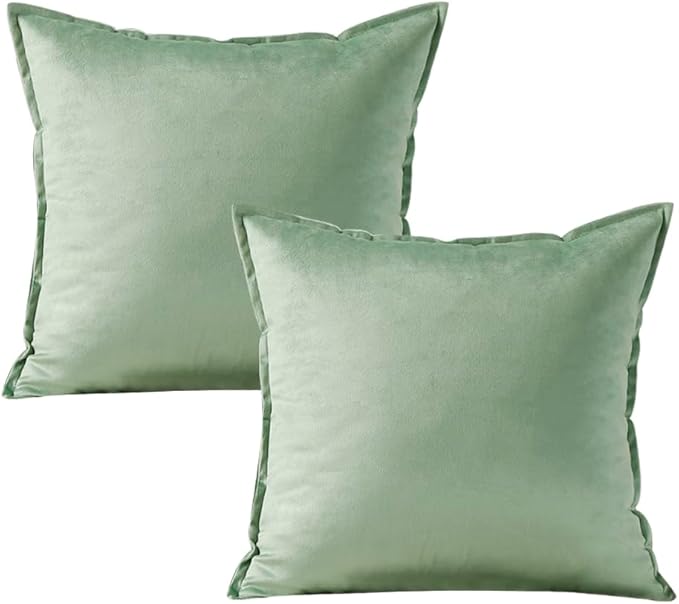 VAKADO Throw Pillow Covers 18x18 Set of 2 Sage Green Velvet Decor Decorative Couch Cushion Euro with Fringe Pillowcases Home Bed Decoration for Sofa Bedroom Office Indoor