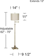 360 Lighting Westbury Swing Arm Floor Lamp Adjustable Height Standing 70" Tall Antique Brass Off White Embroidered Hourglass Fabric Drum Shade Decor for Living Room Reading House Bedroom