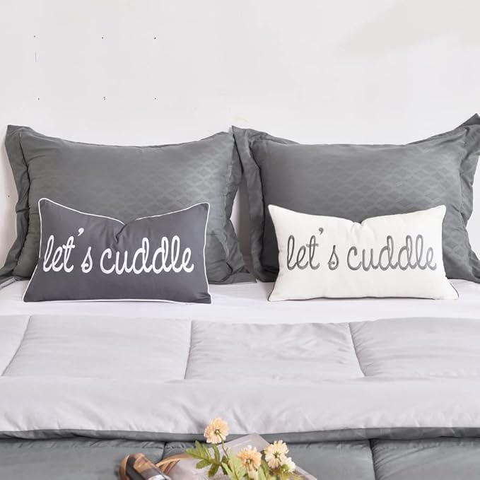 Sunkifover Decorative Rectangle Pillow Covers 12x20 Inches, Soft Solid Lumbar Pillowcase, Embroidered Rectangular Cushion Covers with Let's Cuddle Quote for Bed, Bedroom (Color Grey)