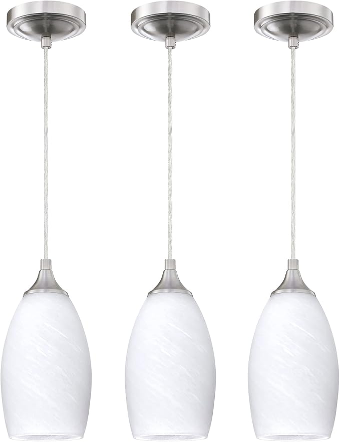 3 Pack 1 Light Indoor Mini Hanging Kitchen Island Pendant Lamps 4.75" Handcrafted Frosted Glass Chandelier Shade Brushed Nickel Finish Bar Dining Room Over Sink