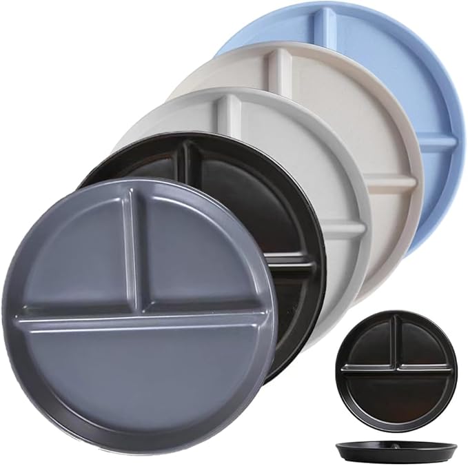 Portion Control Plate for Balanced Eating (5 Pack), 9" Unbreakable Divided Plates,3 Compartment Plates, Reusable Plastic Plates,Weight Loss, BPA Free
