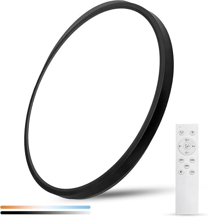 20 Inch Large LED Flush Mount Ceiling Light with Remote,40W,4350LM,3000K-6000K Selectable,Black Round Flat Panel Low Profile Ceiling Light Fixture for Kitchen,Bedroom,Hallway,Bathroom