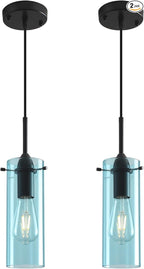 Blue Pendant Lights 2 Packs, Island Pendant Lights for Kitchen, Blown Glass Pendant Light Kitchen Island, Kitchen Pendant Light for Kitchen Island, Bedroom, Living Room, Bathroom