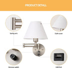 Swing Arm Wall Sconces, Plug-in Wall lamp,Bedroom Wall lamp ， White Fabric Shade，，with dimmable Switch and USB Charging Port, Suitable for Bedside, Living Room, Reading (Nickel)