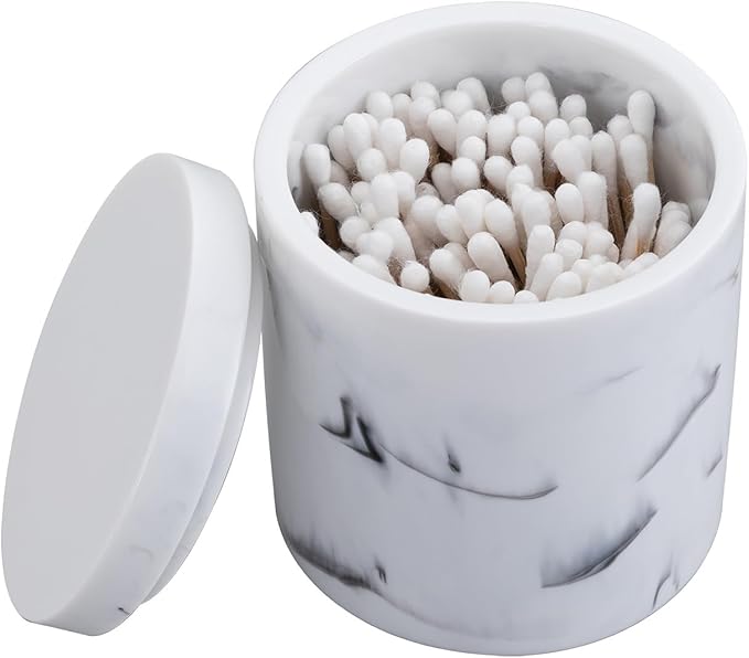 Cotton Swab Holder Round Qtip Holder with Lid, Bathroom White Marble Resin Cotton Ball Canister Jar Cosmetics Makeup Countertop Organizer Containers Canister Apothecary Jar Marblized