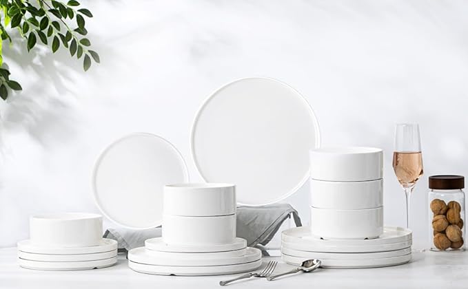 16 Pieces Porcelain Plates and Bowls Set, White Dinnerware Set for 4, Microwave and Dishwasher Safe - Scratch Resistant and Easy Clean, QOMO-1996
