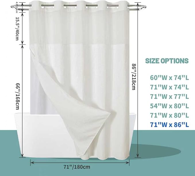Cream Extra Long No Hook Waffle Weave Shower Curtain with snap-in Liner Replacement, 230GSM Waterproof Fabric Hotel Shower Curtain Set for Bathroom, Through Mesh Top Window,71Wx86H