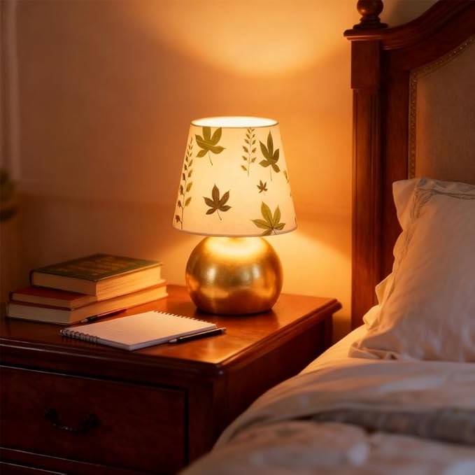 Set of 2 Small Gold Bedside Table Lamp with Maple Leaf Pattern Shade (Bulb Included)