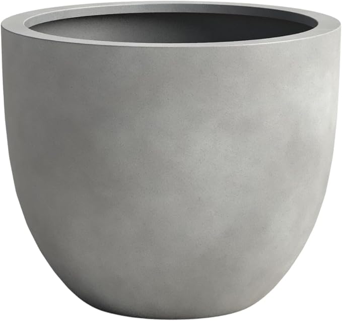 DTY Signature Mount Belford Lightweight and Durable Modern Fiberstone Egg Shaped Planter for Indoor Outdoor Drainage Hole & Rubber Plug Weather Resistant, 12" H x 15" Dia, 12.8" Opening - Medium, Gray