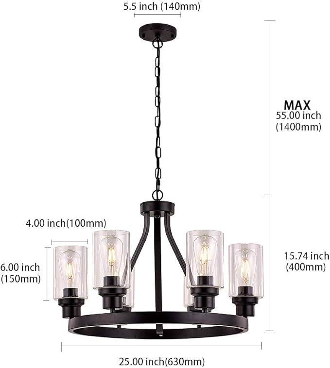 Farmhouse Chandelier Lighting Round 6 Lights Black with Glass Shade Ceiling Hanging Vintage Rustic Light Fixture for Dining Room Living Room Foyer Porch Kitchen Island