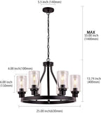 Farmhouse Chandelier Lighting Round 6 Lights Black with Glass Shade Ceiling Hanging Vintage Rustic Light Fixture for Dining Room Living Room Foyer Porch Kitchen Island