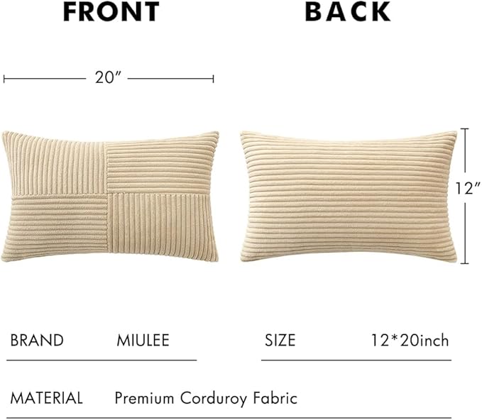 MIULEE Cream Corduroy Pillow Covers Pack of 2 Boho Decorative Spliced Throw Pillow Covers Soft Solid Couch Pillowcases Cross Patchwork Textured Cushion Covers for Living Room Bed Sofa 12x20 inch