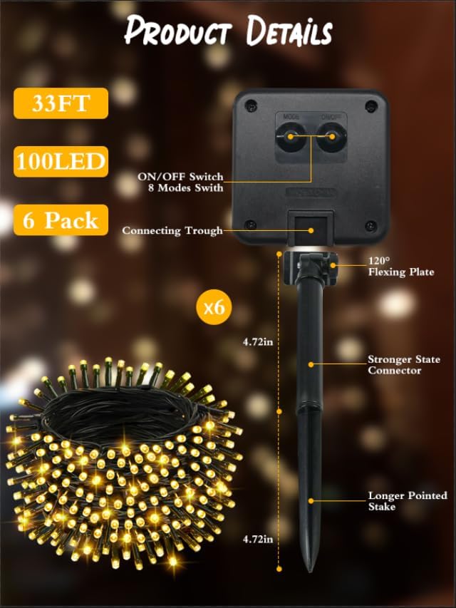6 Pack Christmas Solar String Lights Outdoor Waterproof, 198FT 600 LED Green Wire Solar Fairy Lights with 8 Modes, Solar Twinkle Lights for Garden Tree Patio Fence Christmas Decorations (Warm White)