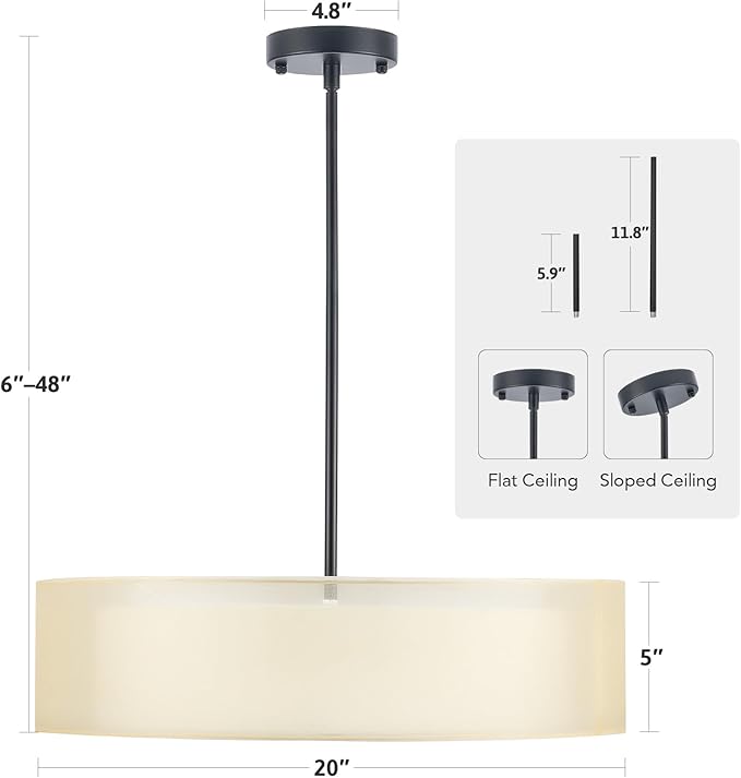 VONLUCE 3-Light Drum Chandeliers, 20" Pendant Light Fixture with 2-Layer Fabric Shade E26 Bases, Adjustable Swivel Joint Hanging Light Fixture for Bedroom Living Room Kitchen Hallway, Matte Black
