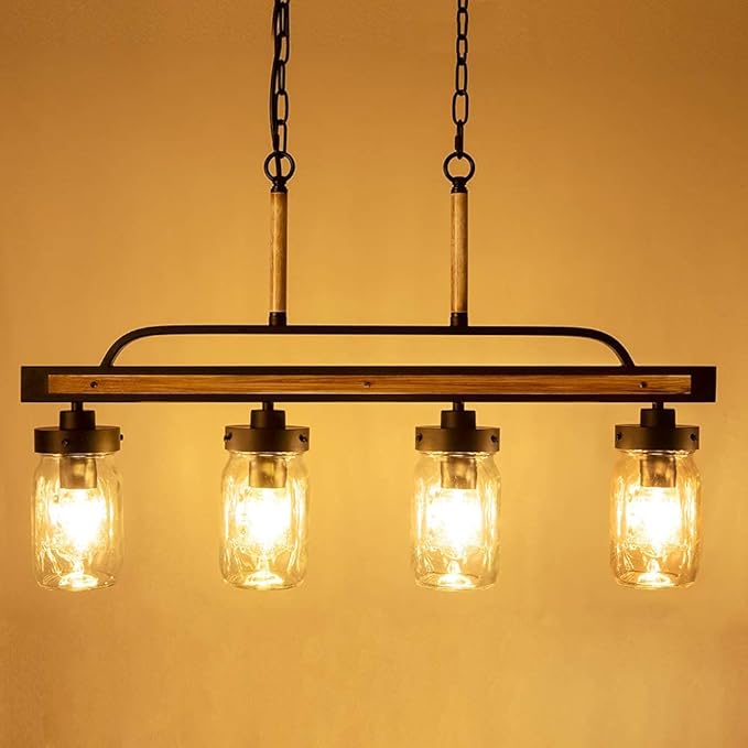 Wellmet Farmhouse Dining Room Chandelier, Black Mason Jar Chandelier Lighting Fixture for Kitchen Island, Dining Table, Rustic Linear Cluster Hanging Pendant Light, Faux Wood with Glass Shade