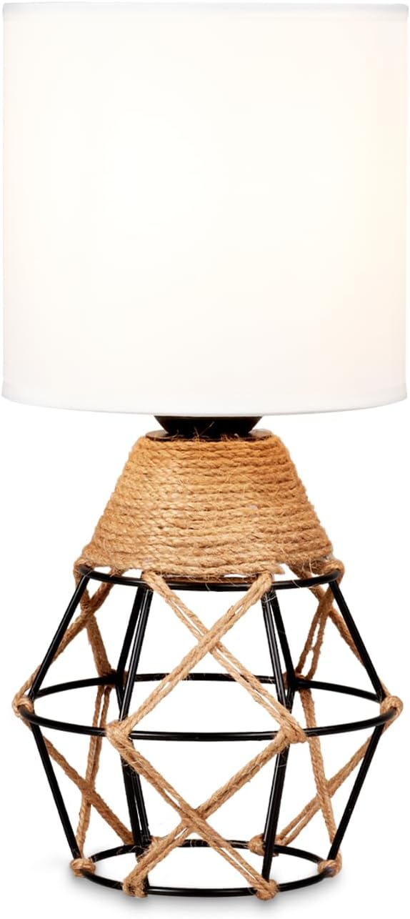 Hamilyeah Boho Lamp, Woven Table Lamp for Nightstand with On/Off Switch, Bedroom Lamp with White Fabric Shade, Simple Table Light for Bedside, Living Room