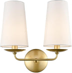 Modern Gold 2-Light Wall Sconces Hardwired Brass Double Sconce with Fabric Shade for Bedroom, Fireplace, Staircase, Bathroom, Hallway