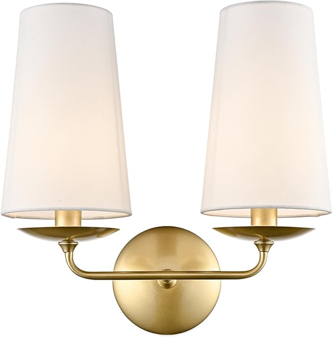 Modern Gold 2-Light Wall Sconces Hardwired Brass Double Sconce with Fabric Shade for Bedroom, Fireplace, Staircase, Bathroom, Hallway